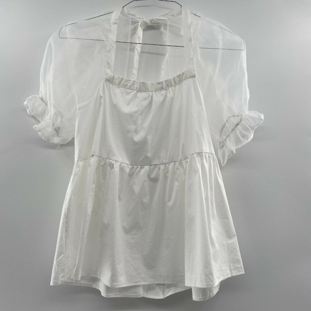 Pomander Place Tuckernuck Women's White Tinsley Top Blouse Sheer Puff Sleeve XS